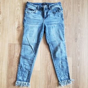 High Waisted Embroidered Floral Fray Skinny Jeans